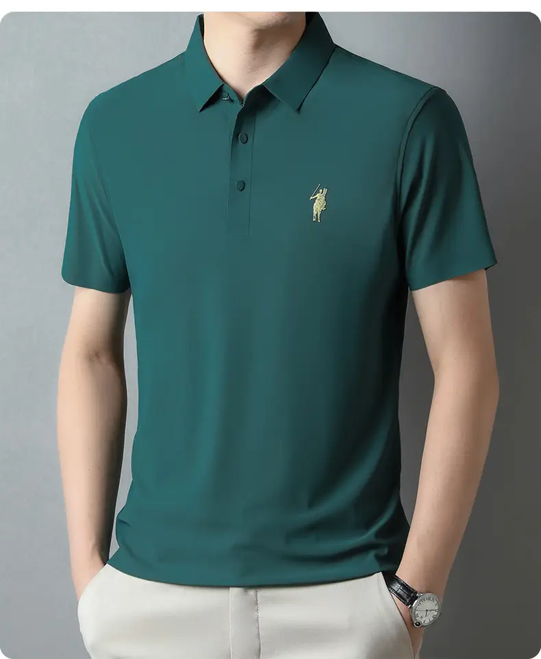 Men Ice Silk Polo Shirt Navy Blue Lapel Short Sleeve — feature 24