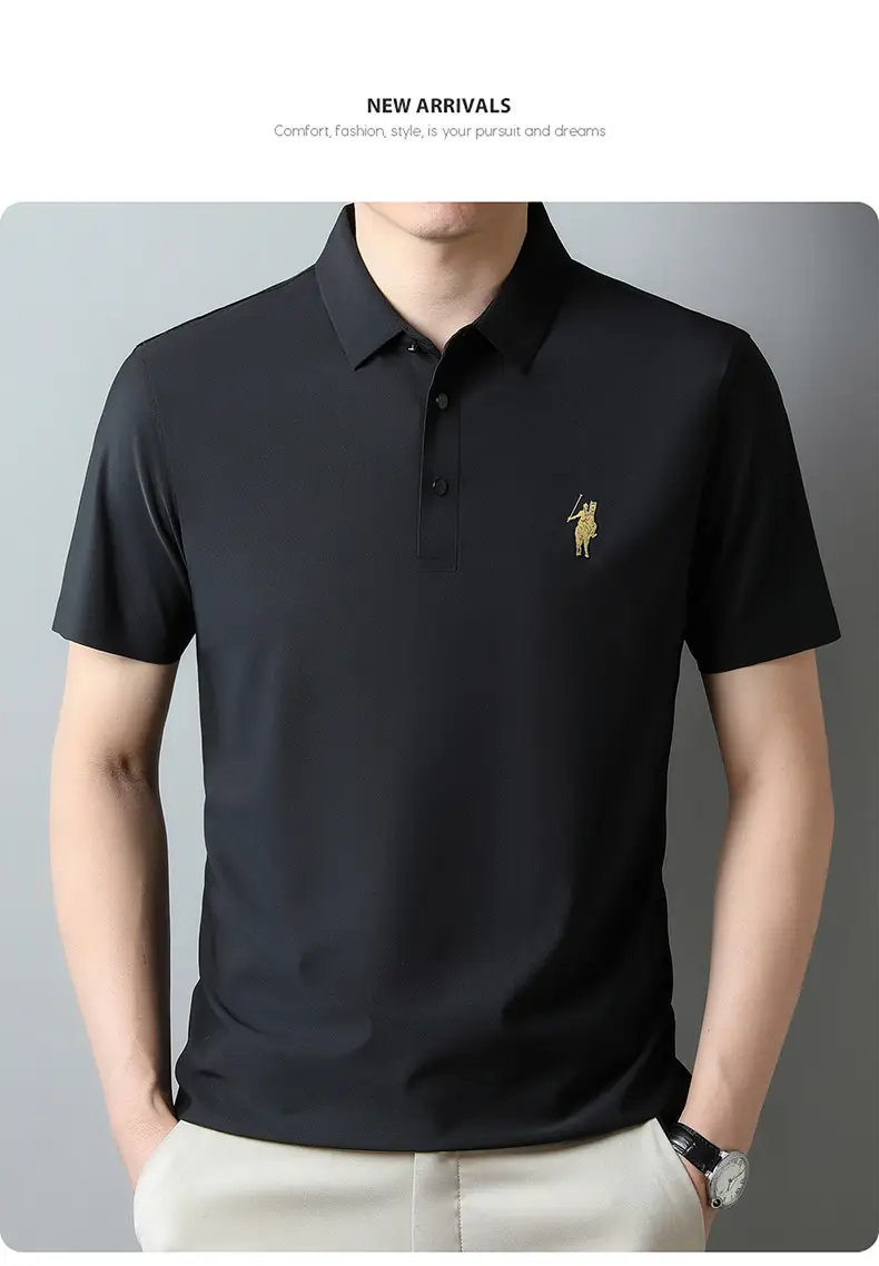 Men Ice Silk Polo Shirt Navy Blue Lapel Short Sleeve — feature 25