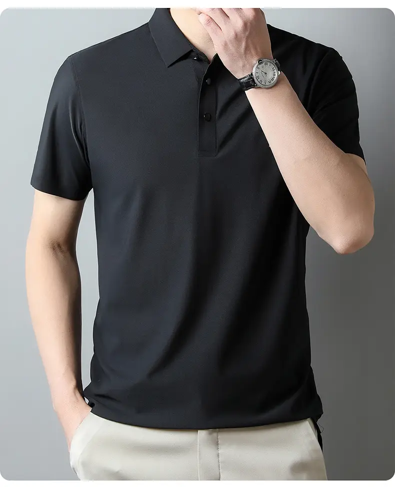 Men Ice Silk Polo Shirt Navy Blue Lapel Short Sleeve — feature 26