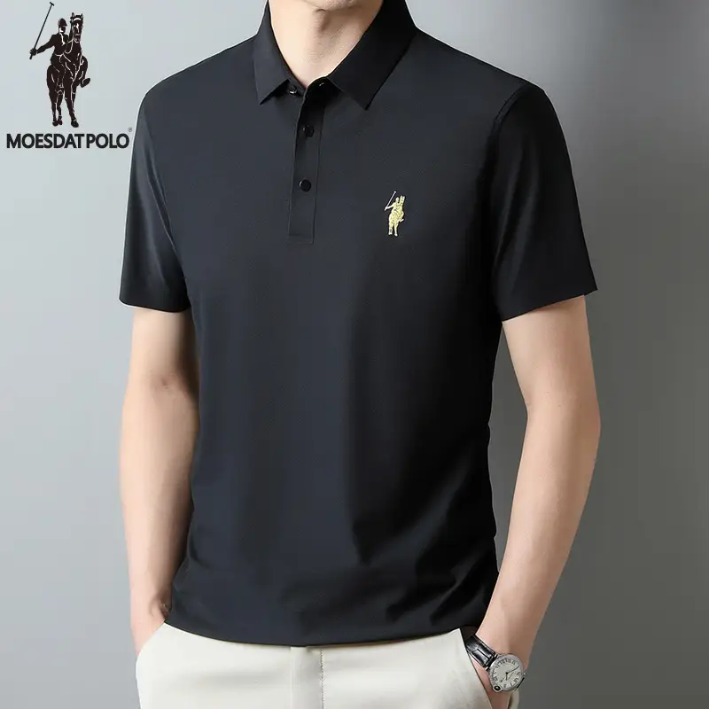 Men Ice Silk Polo Shirt Navy Blue Lapel Short Sleeve - Image 3