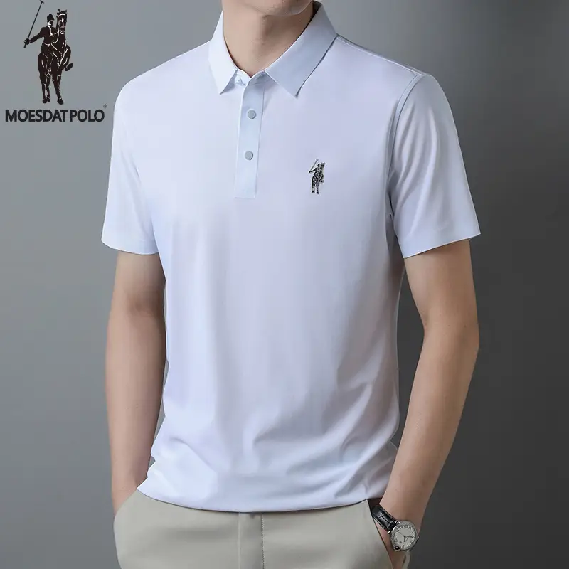 Men Ice Silk Polo Shirt Navy Blue Lapel Short Sleeve - Image 5