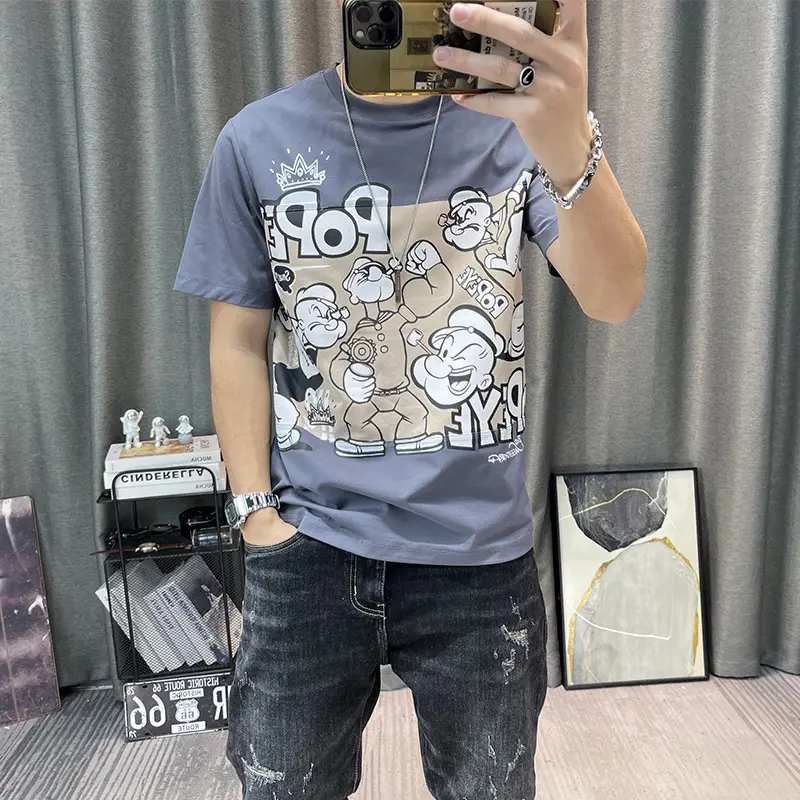 Men Cotton Cartoon Print Half Sleeve T-Shirt White - Image 3