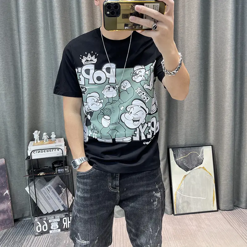 Men Cotton Cartoon Print Half Sleeve T-Shirt White - Image 2