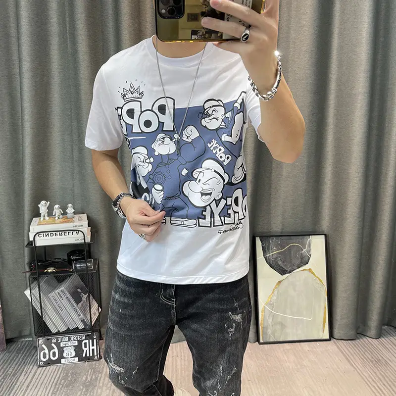 Men Cotton Cartoon Print Half Sleeve T-Shirt White - Image 4