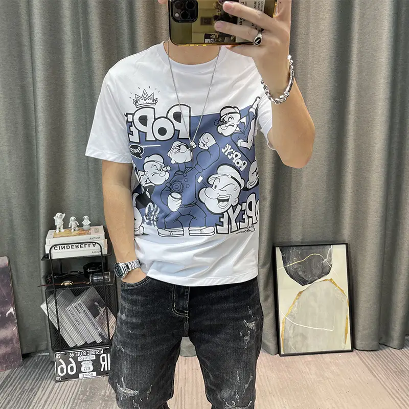 Men Cotton Cartoon Print Half Sleeve T-Shirt White — feature 5