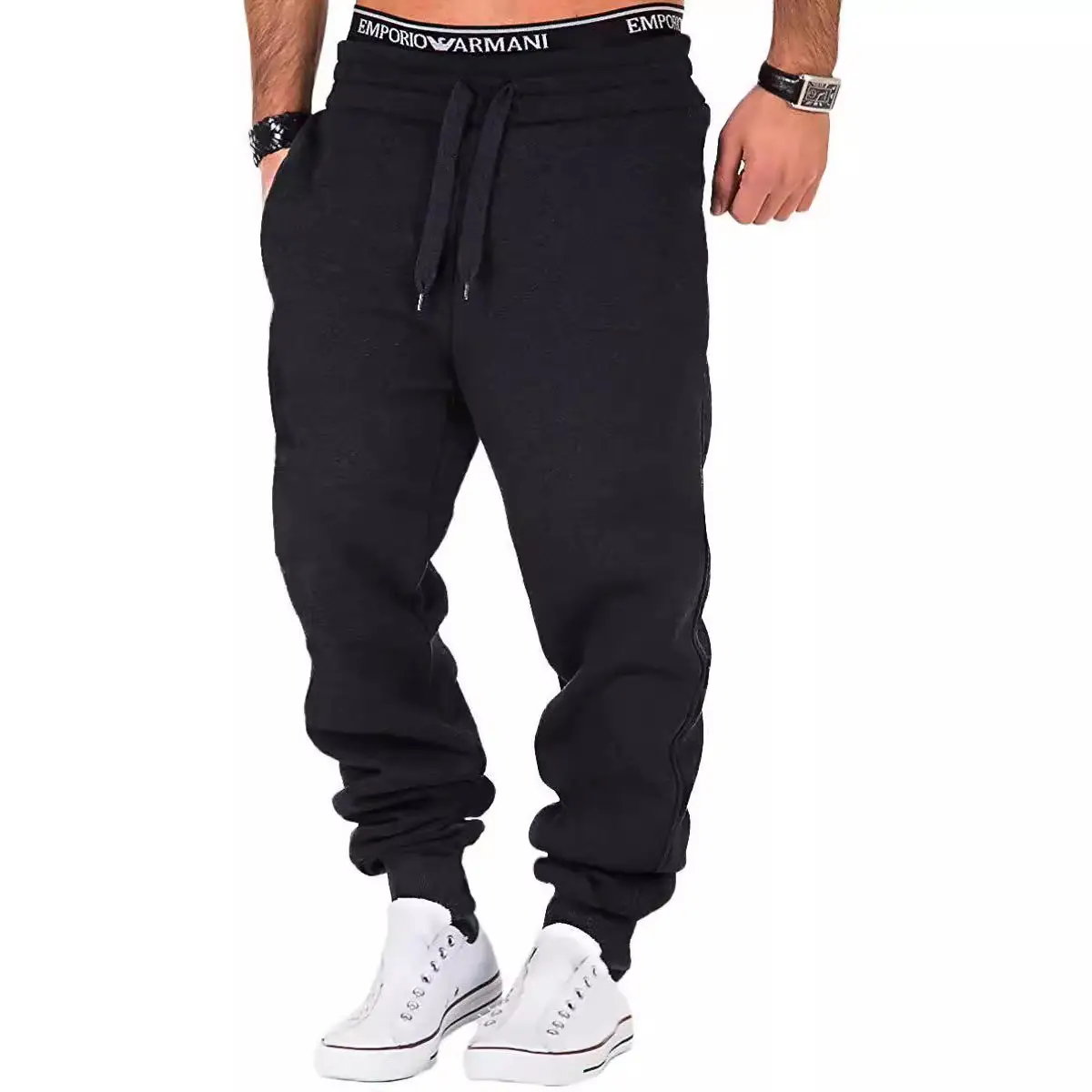 White Elastic Waistband Casual Sports Pants for Men Women - Image 9
