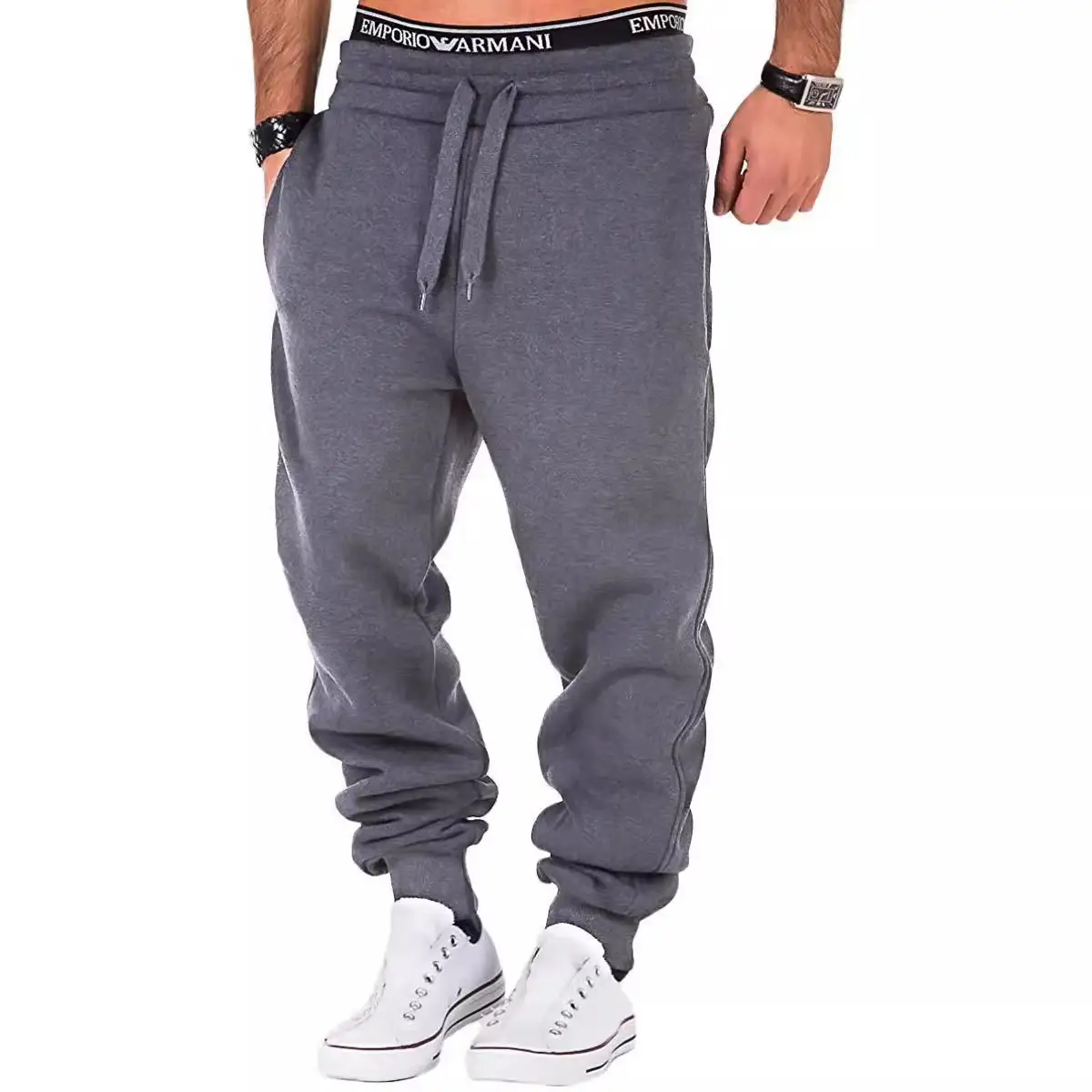 White Elastic Waistband Casual Sports Pants for Men Women - Image 12