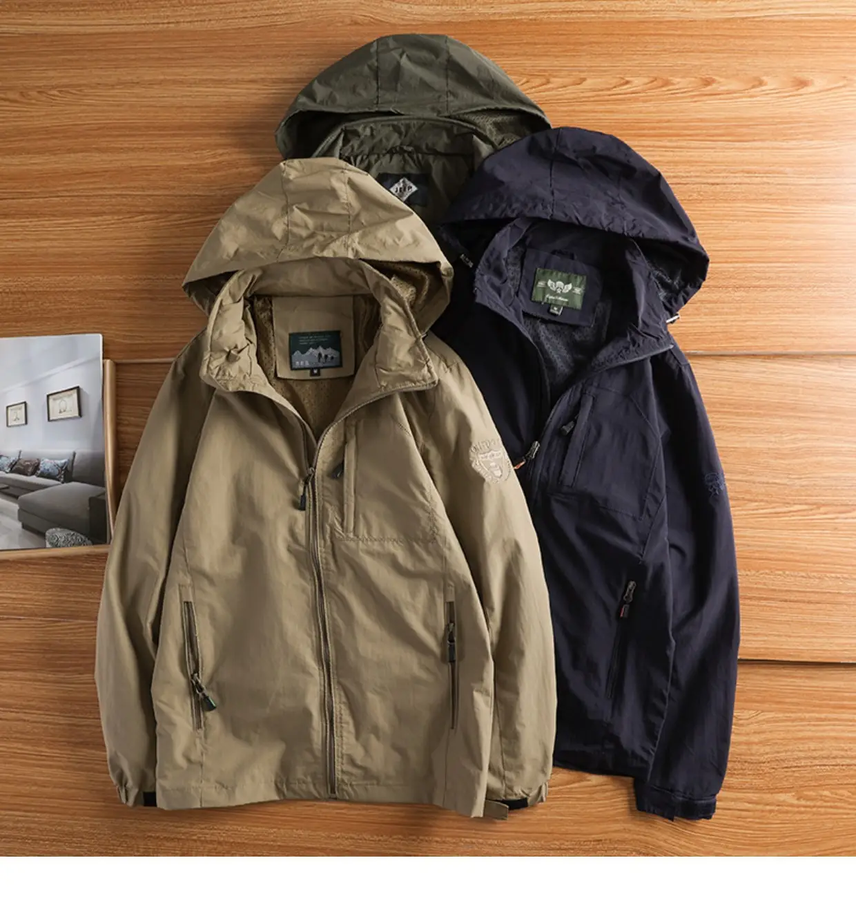 Men's Hooded Windproof Navy Blue Full Zip Jacket — feature 1