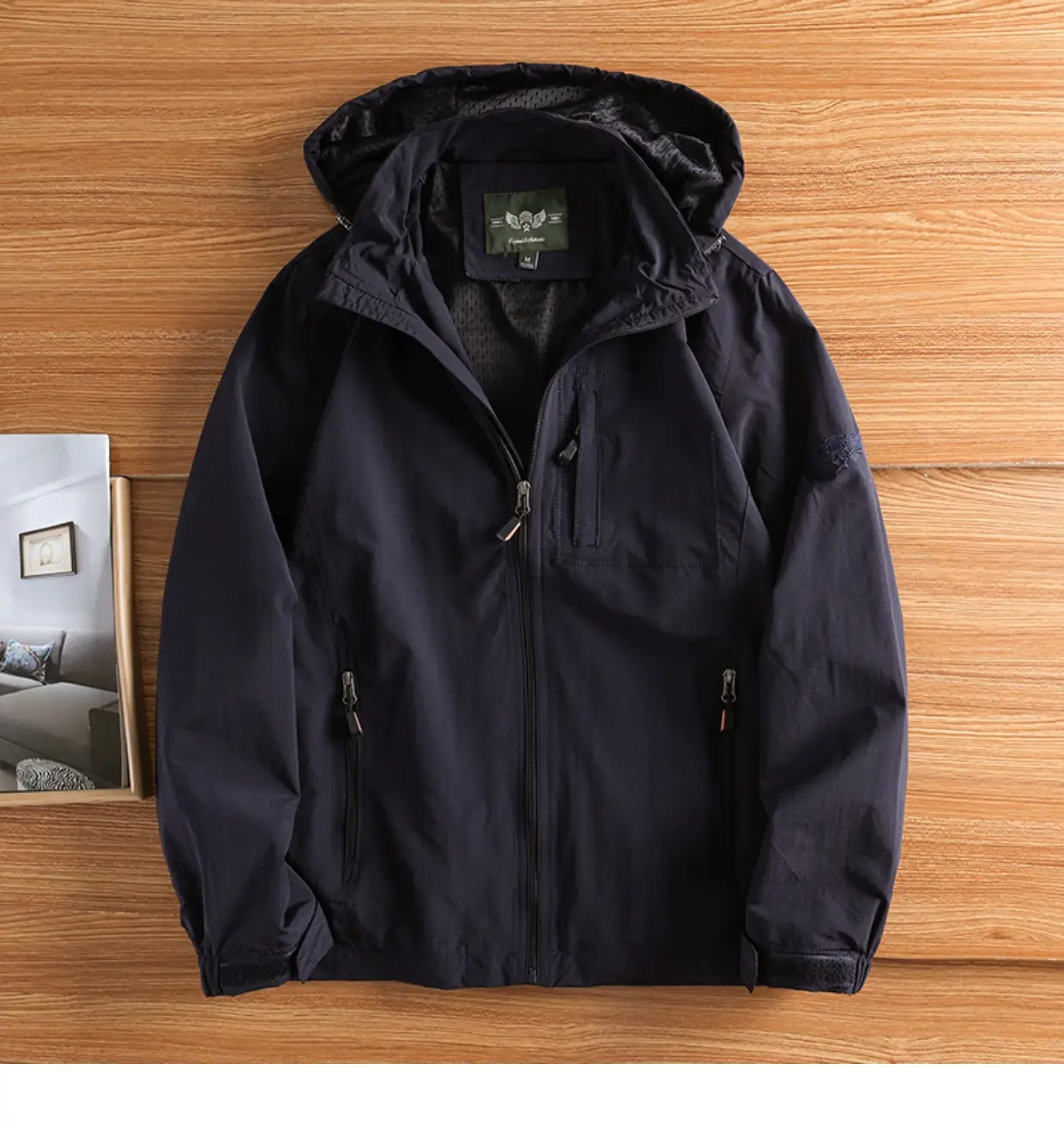 Men's Hooded Windproof Navy Blue Full Zip Jacket — feature 21