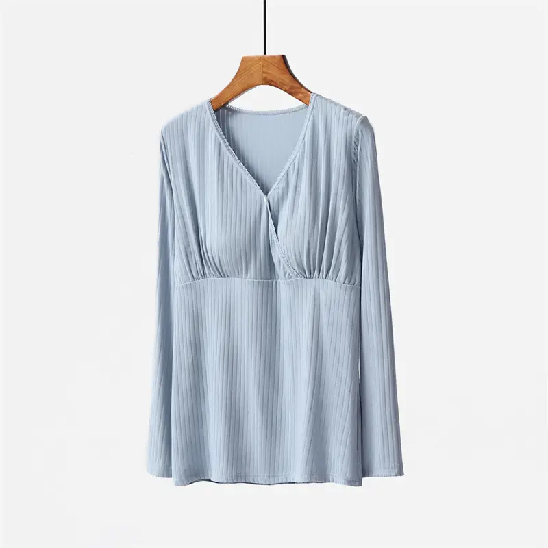 Grey Long-sleeve V-Neck Breastfeeding Shirt with Chest Pad - Image 5