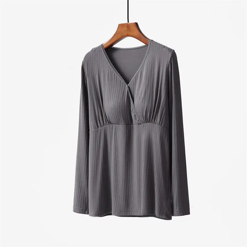 Grey Long-sleeve V-Neck Breastfeeding Shirt with Chest Pad - Image 4