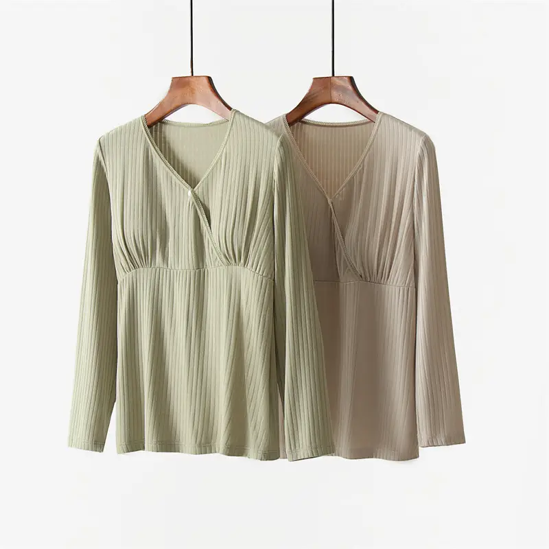Grey Long-sleeve V-Neck Breastfeeding Shirt with Chest Pad — feature 1