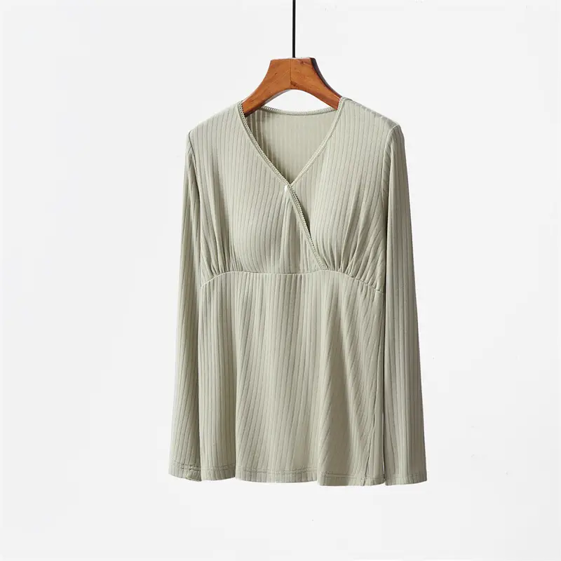 Grey Long-sleeve V-Neck Breastfeeding Shirt with Chest Pad — feature 10