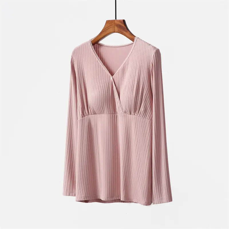 Grey Long-sleeve V-Neck Breastfeeding Shirt with Chest Pad — feature 13