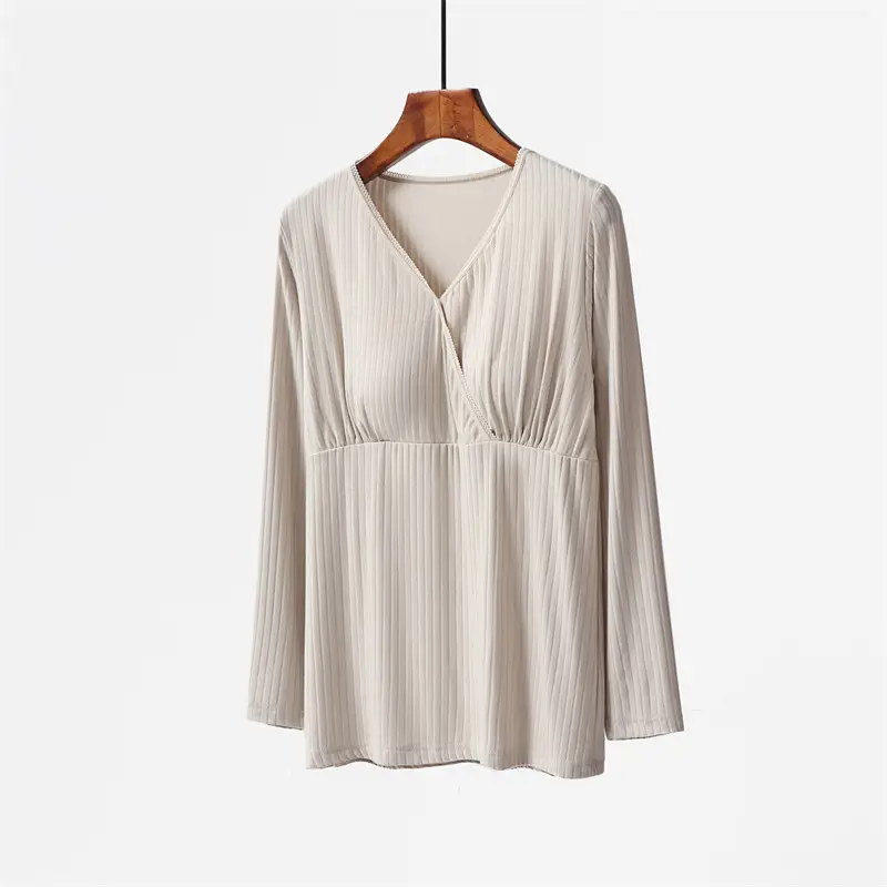 Grey Long-sleeve V-Neck Breastfeeding Shirt with Chest Pad - Image 3