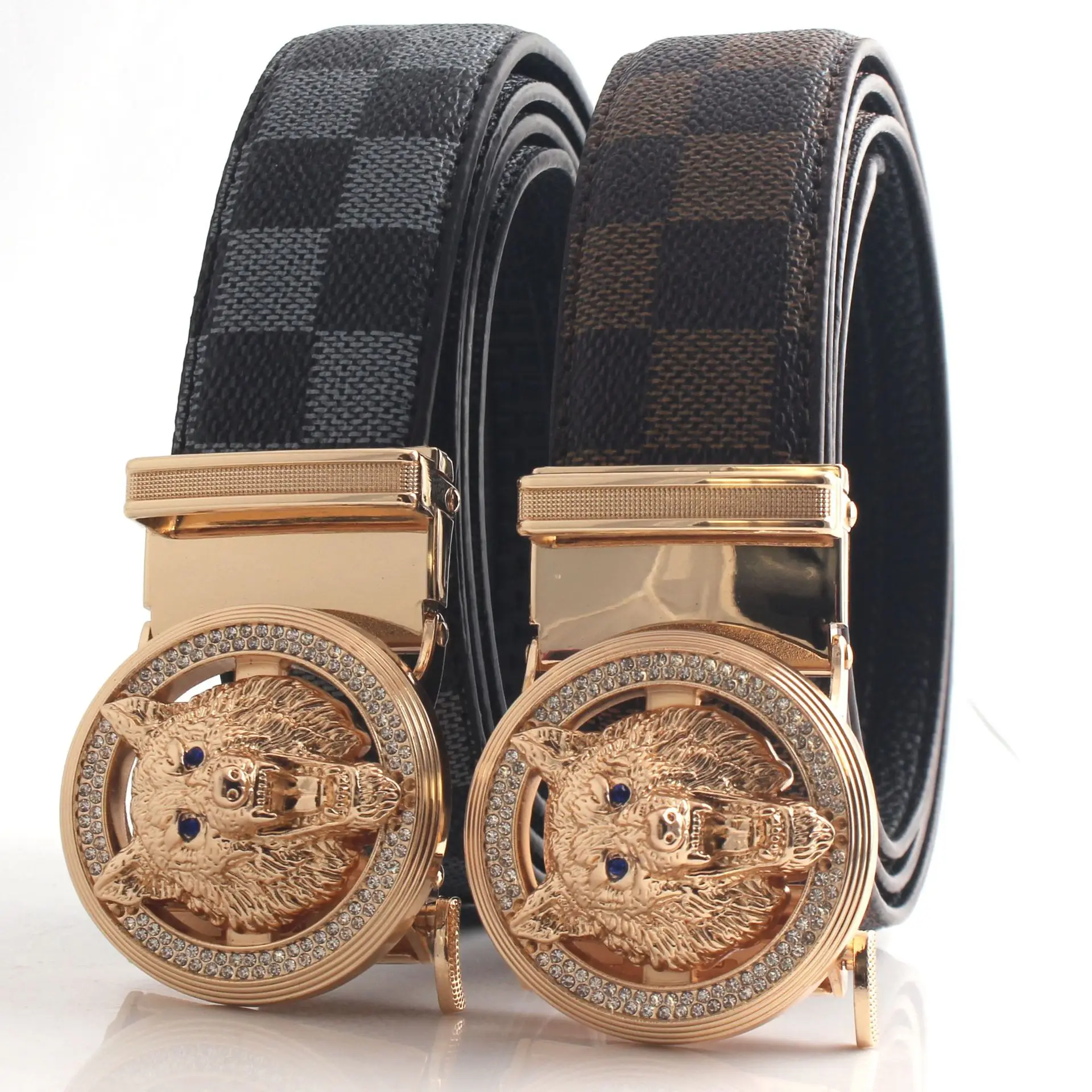 Men's 2023 Golden Wolf Head Belt with Plaid Strap - Image 5