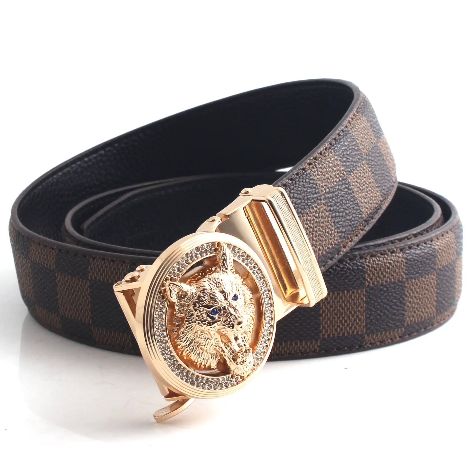 Men's 2023 Golden Wolf Head Belt with Plaid Strap - Image 6