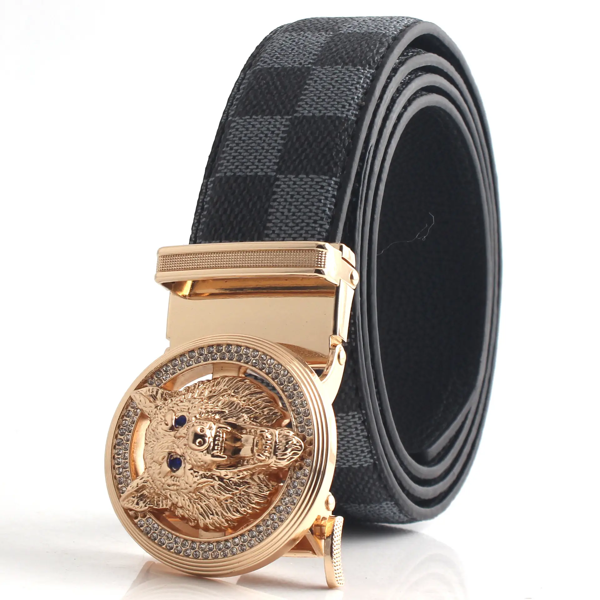Men's 2023 Golden Wolf Head Belt with Plaid Strap - Image 2
