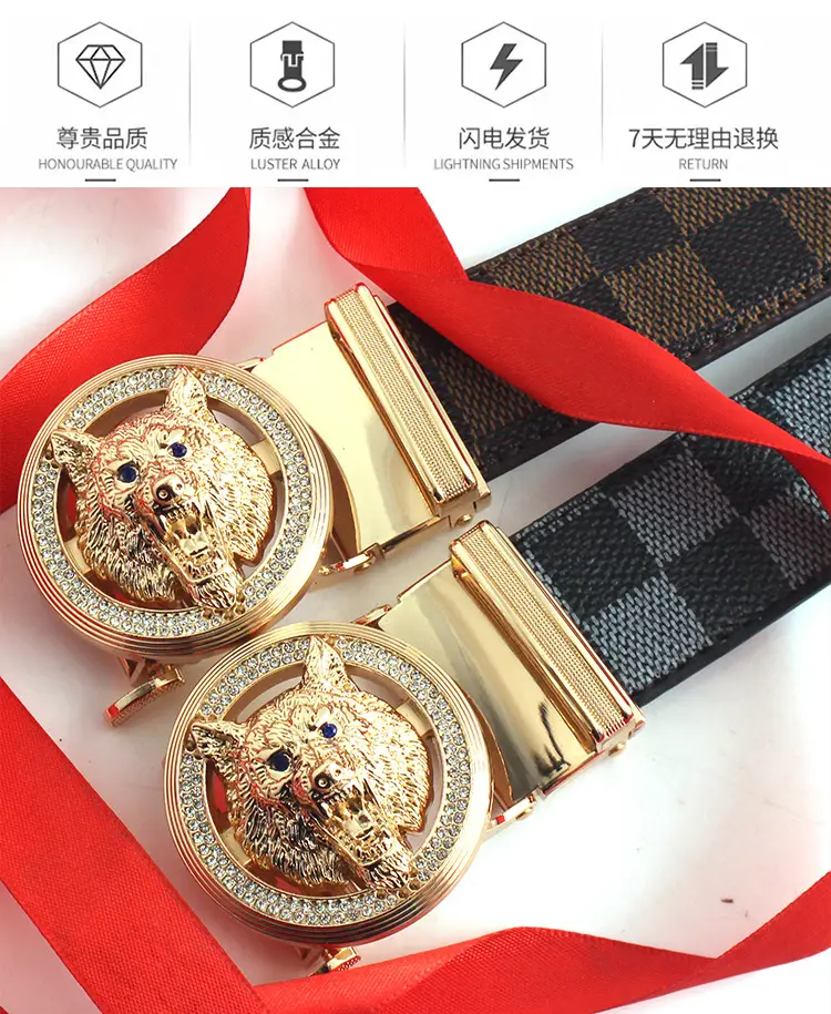 Men's 2023 Golden Wolf Head Belt with Plaid Strap β feature 2