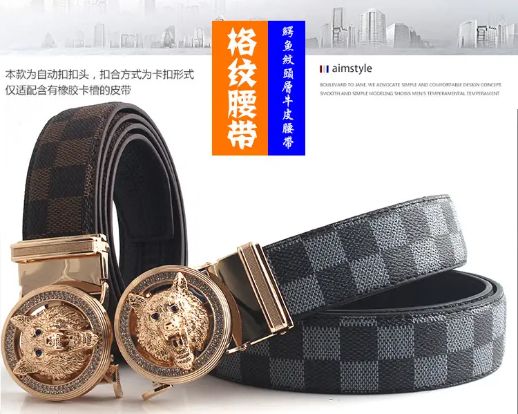 Men's 2023 Golden Wolf Head Belt with Plaid Strap β feature 6