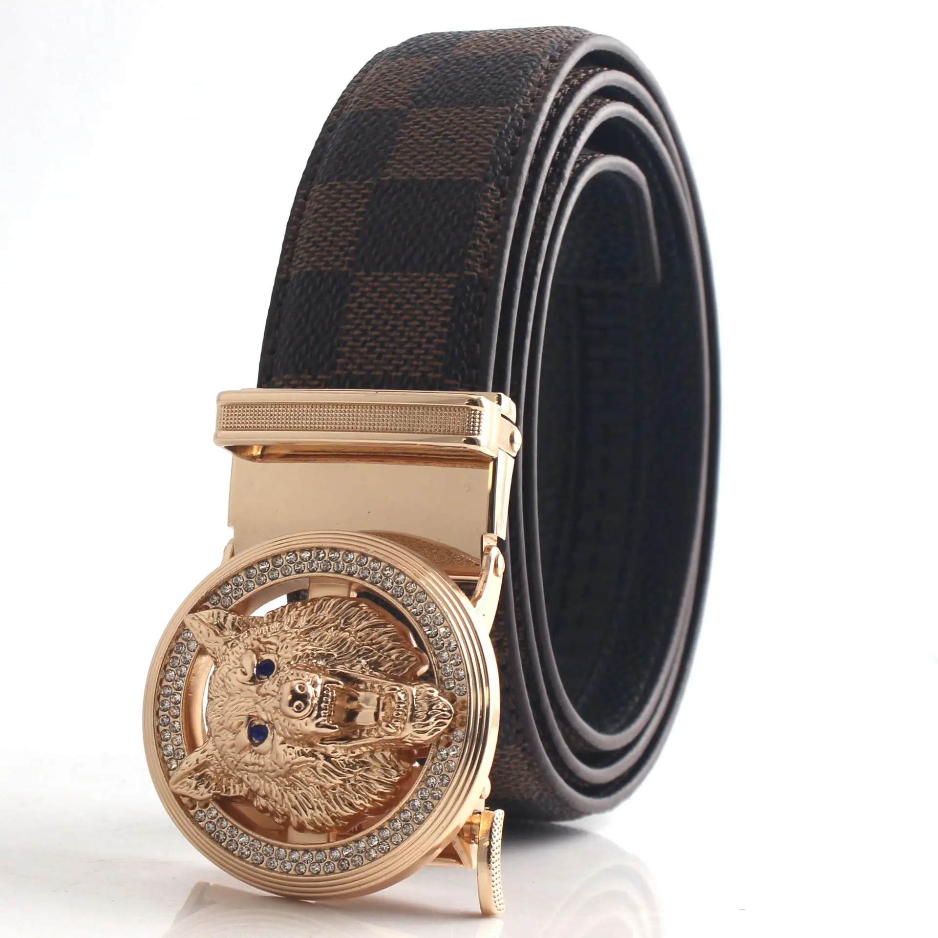 Men's 2023 Golden Wolf Head Belt with Plaid Strap
