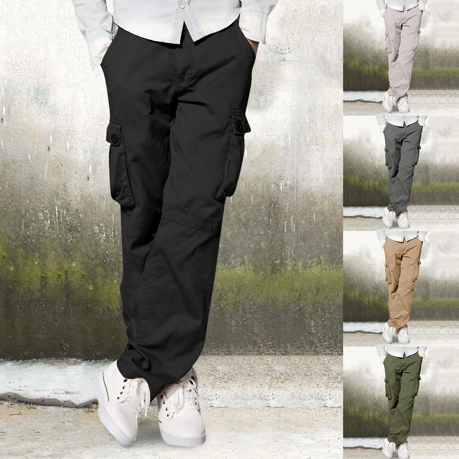 Men's Tan Multi-Pocket Loose Trousers Outdoor Fitness Pants