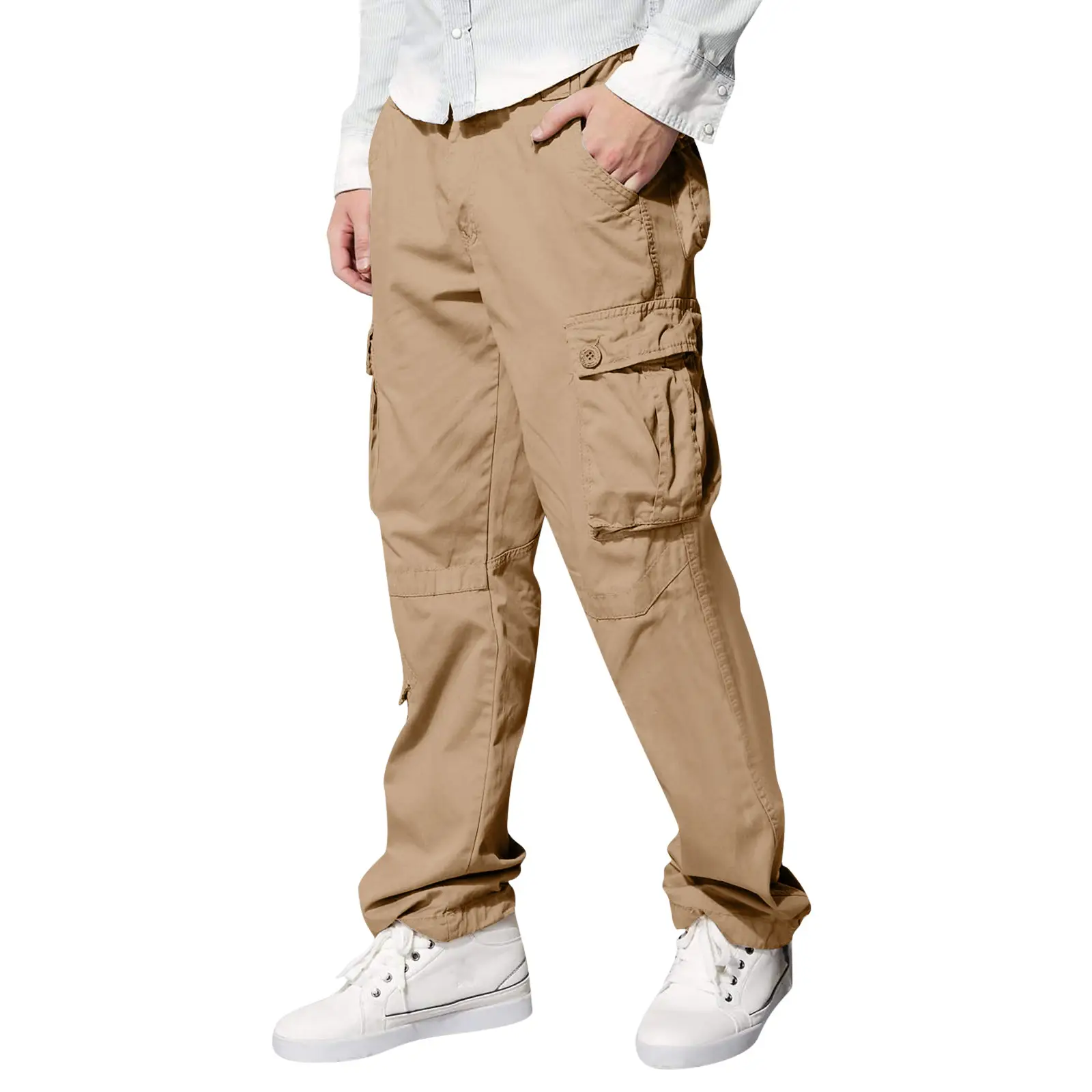 Men's Tan Multi-Pocket Loose Trousers Outdoor Fitness Pants