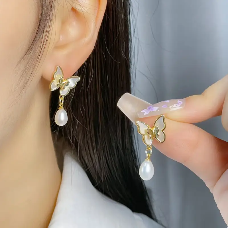 White Butterfly Pearl Earrings for Women - Image 2