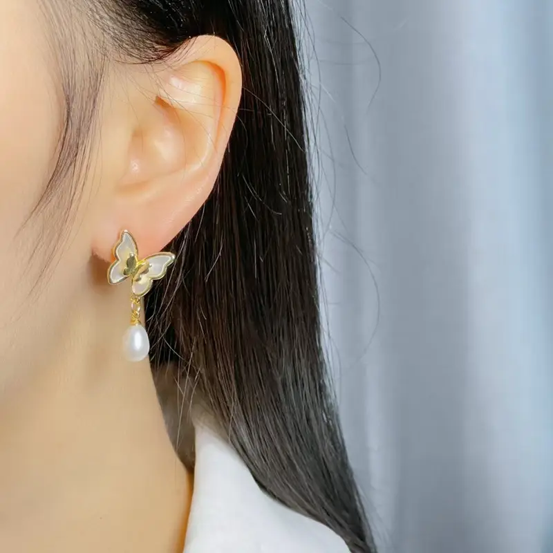 White Butterfly Pearl Earrings for Women - Image 5