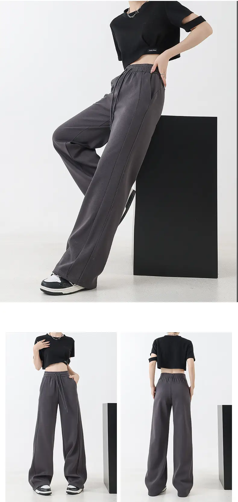 Black Fleece Lined Wide Leg Pants for Women Autumn Winter 2025 — feature 8