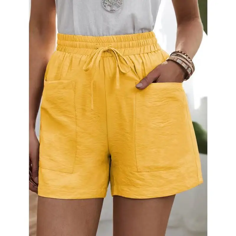 Yellow Linen Plus Size Casual Shorts with Pockets - Image 13