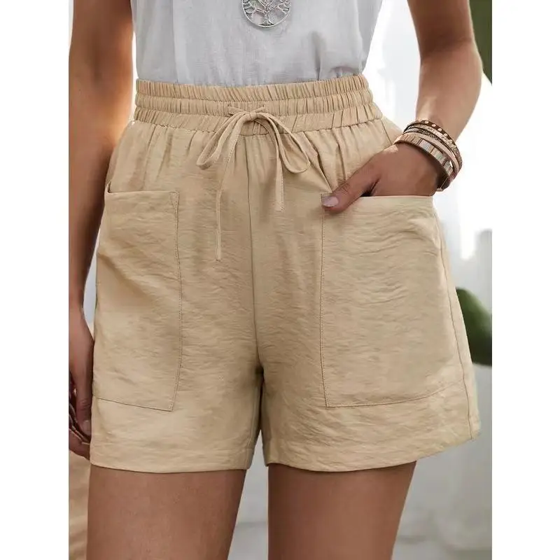 Yellow Linen Plus Size Casual Shorts with Pockets - Image 6