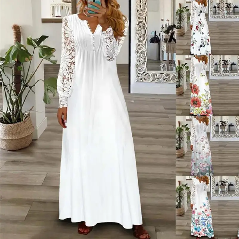White Lace Long-Sleeved Maxi Dress for Women - Image 5
