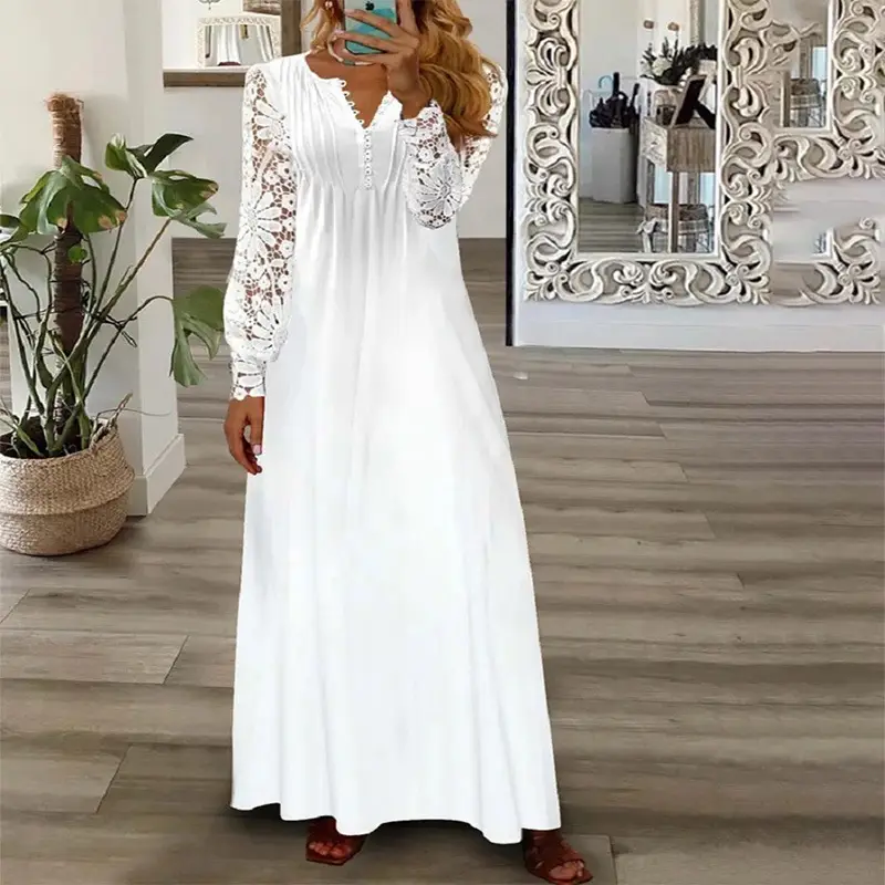 White Lace Long-Sleeved Maxi Dress for Women - Image 6