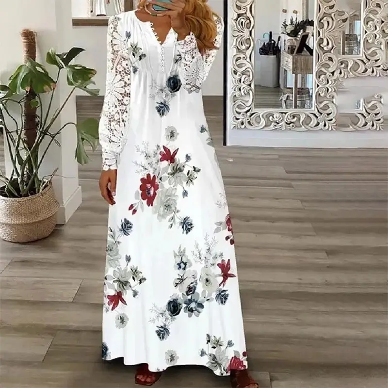 White Lace Long-Sleeved Maxi Dress for Women - Image 7