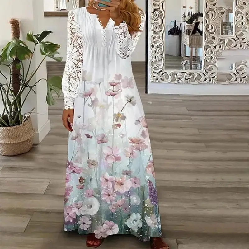 White Lace Long-Sleeved Maxi Dress for Women - Image 8