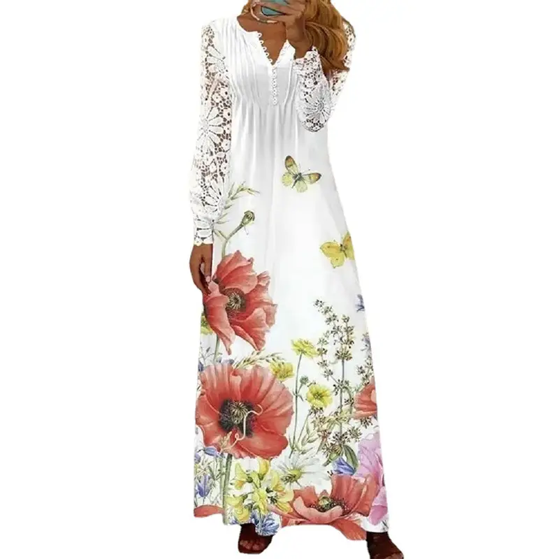 White Lace Long-Sleeved Maxi Dress for Women - Image 9