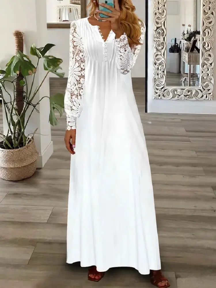 White Lace Long-Sleeved Maxi Dress for Women — feature 16