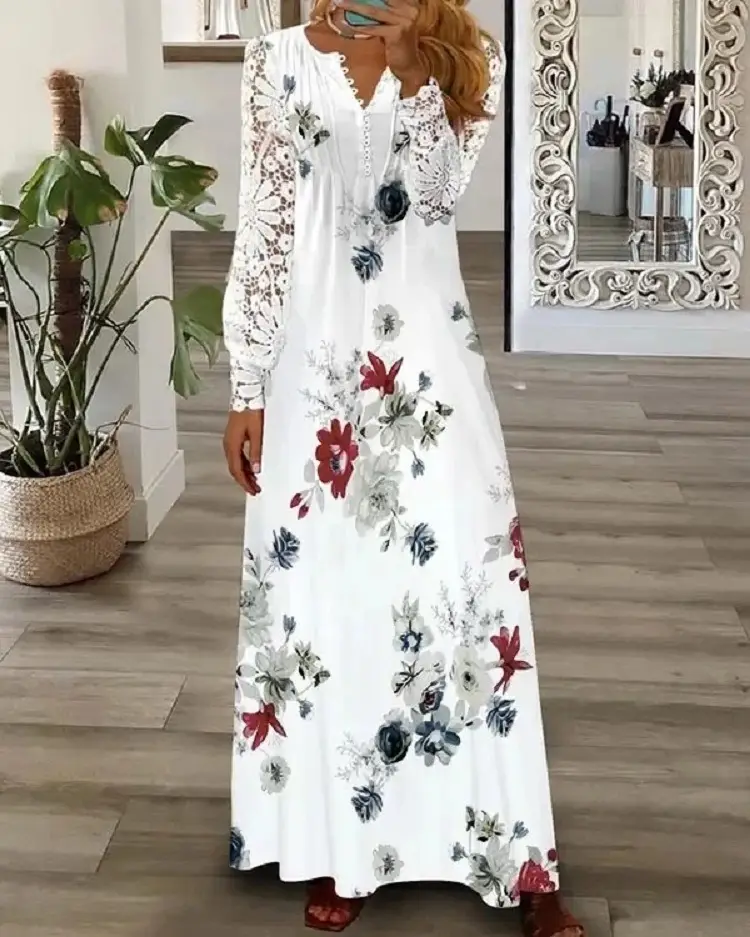 White Lace Long-Sleeved Maxi Dress for Women — feature 17