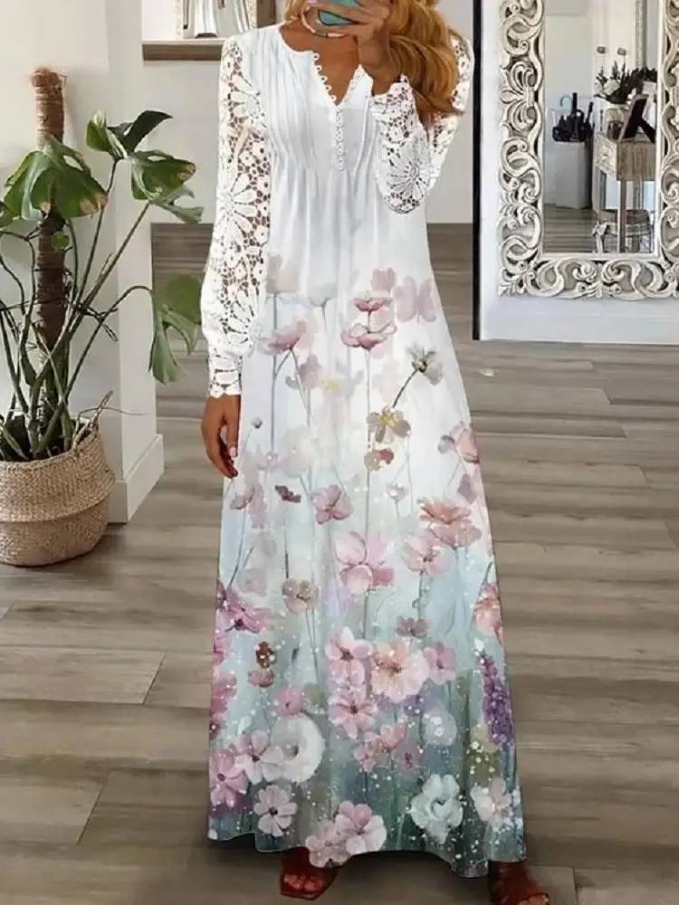 White Lace Long-Sleeved Maxi Dress for Women — feature 18