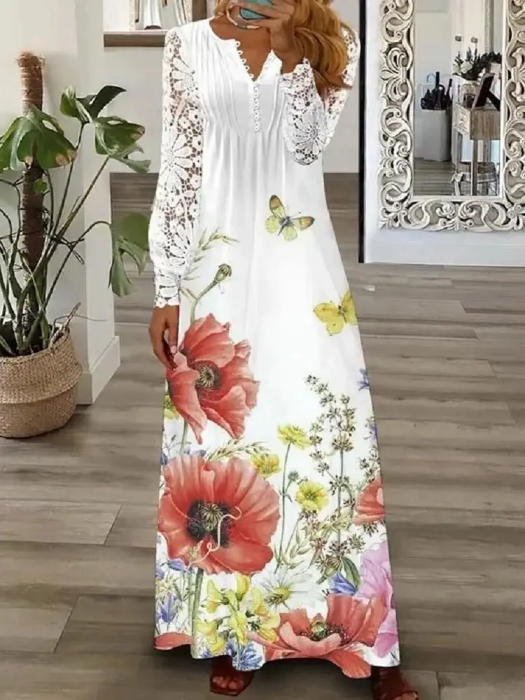 White Lace Long-Sleeved Maxi Dress for Women — feature 19