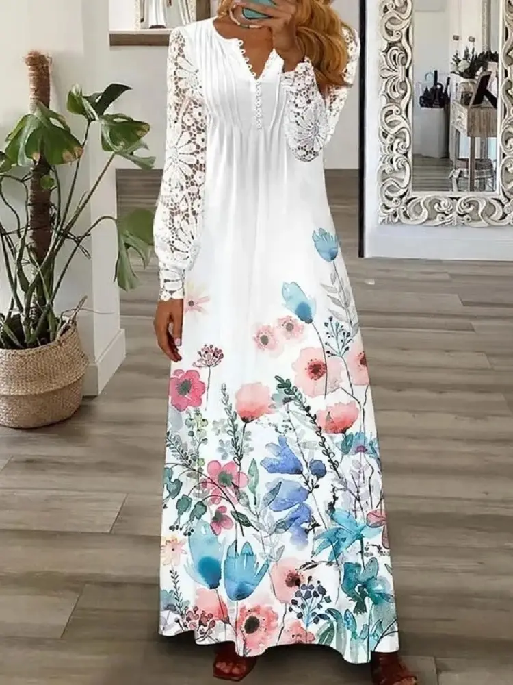 White Lace Long-Sleeved Maxi Dress for Women — feature 20