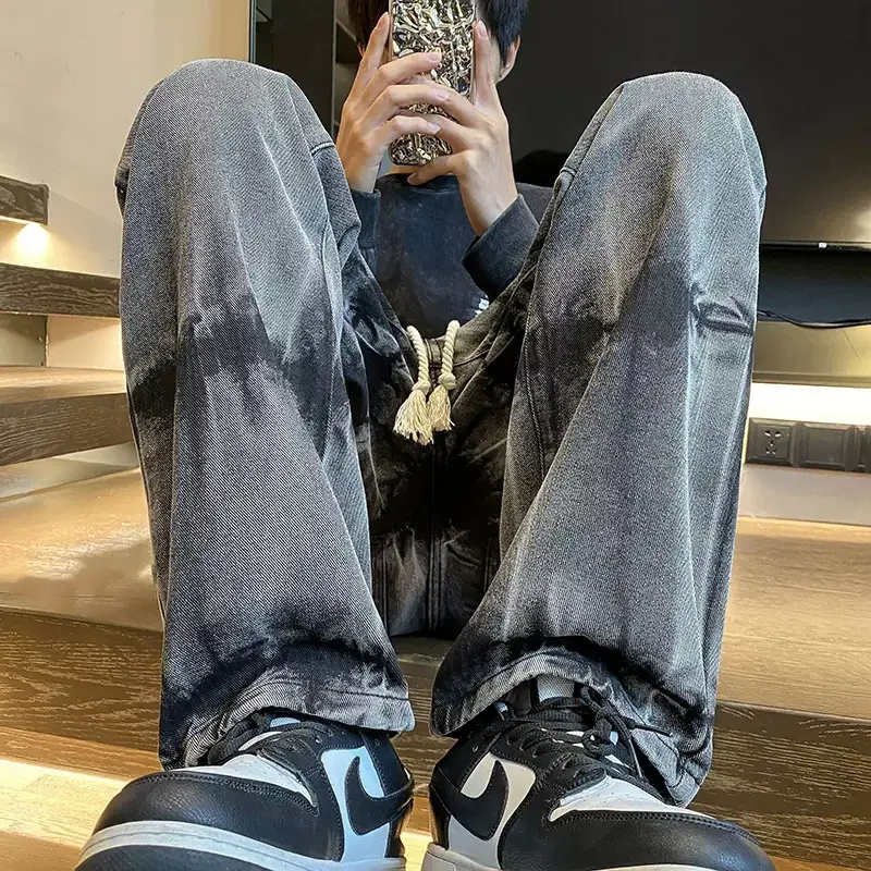 Men Tie-Dye Drawstring Jeans American High Street Vibe Pants - Image 3