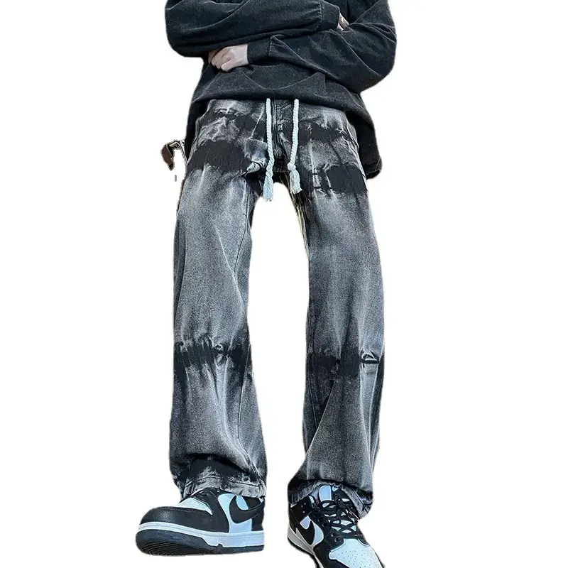 Men Tie-Dye Drawstring Jeans American High Street Vibe Pants - Image 5