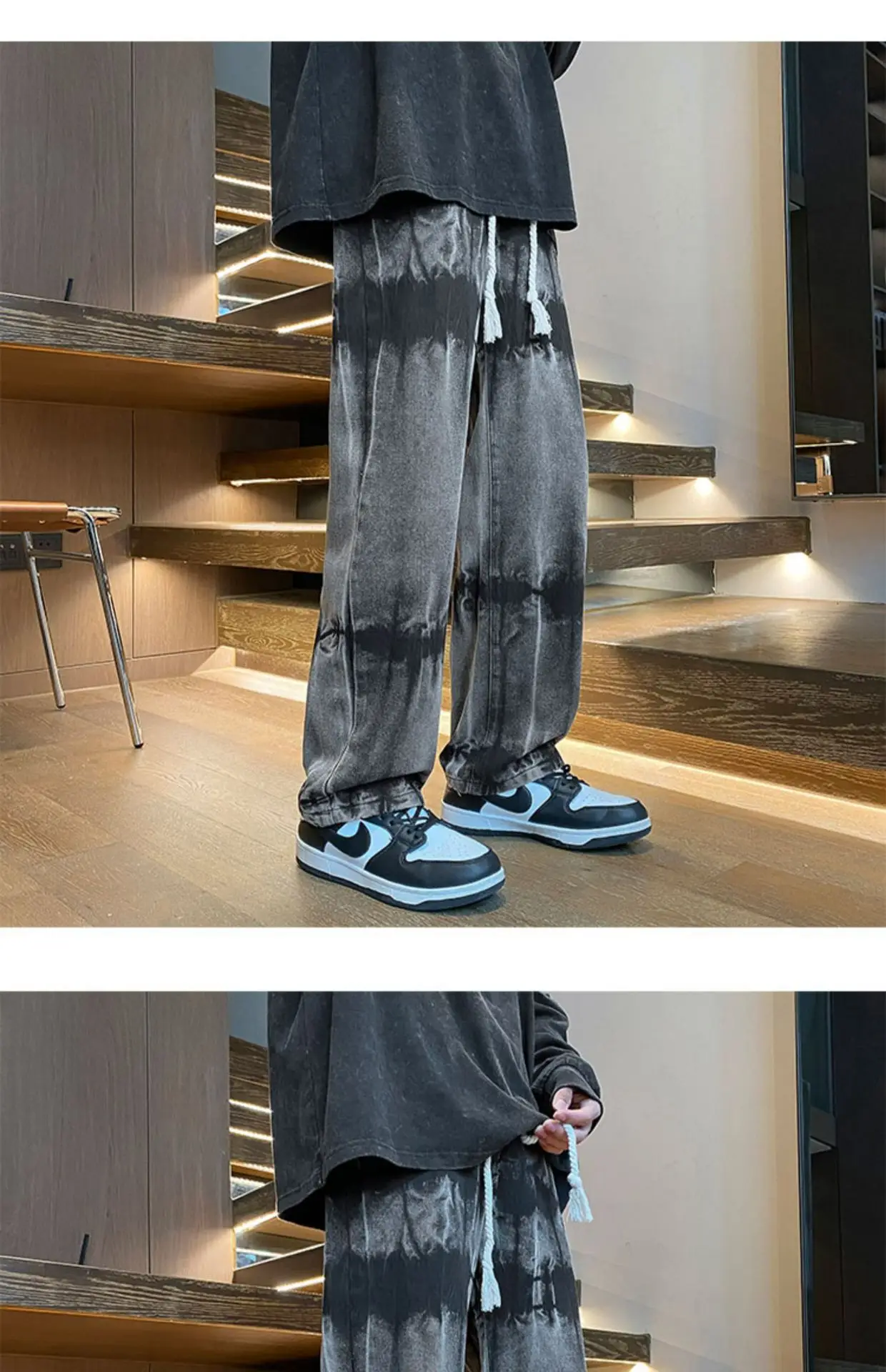 Men Tie-Dye Drawstring Jeans American High Street Vibe Pants — feature 12