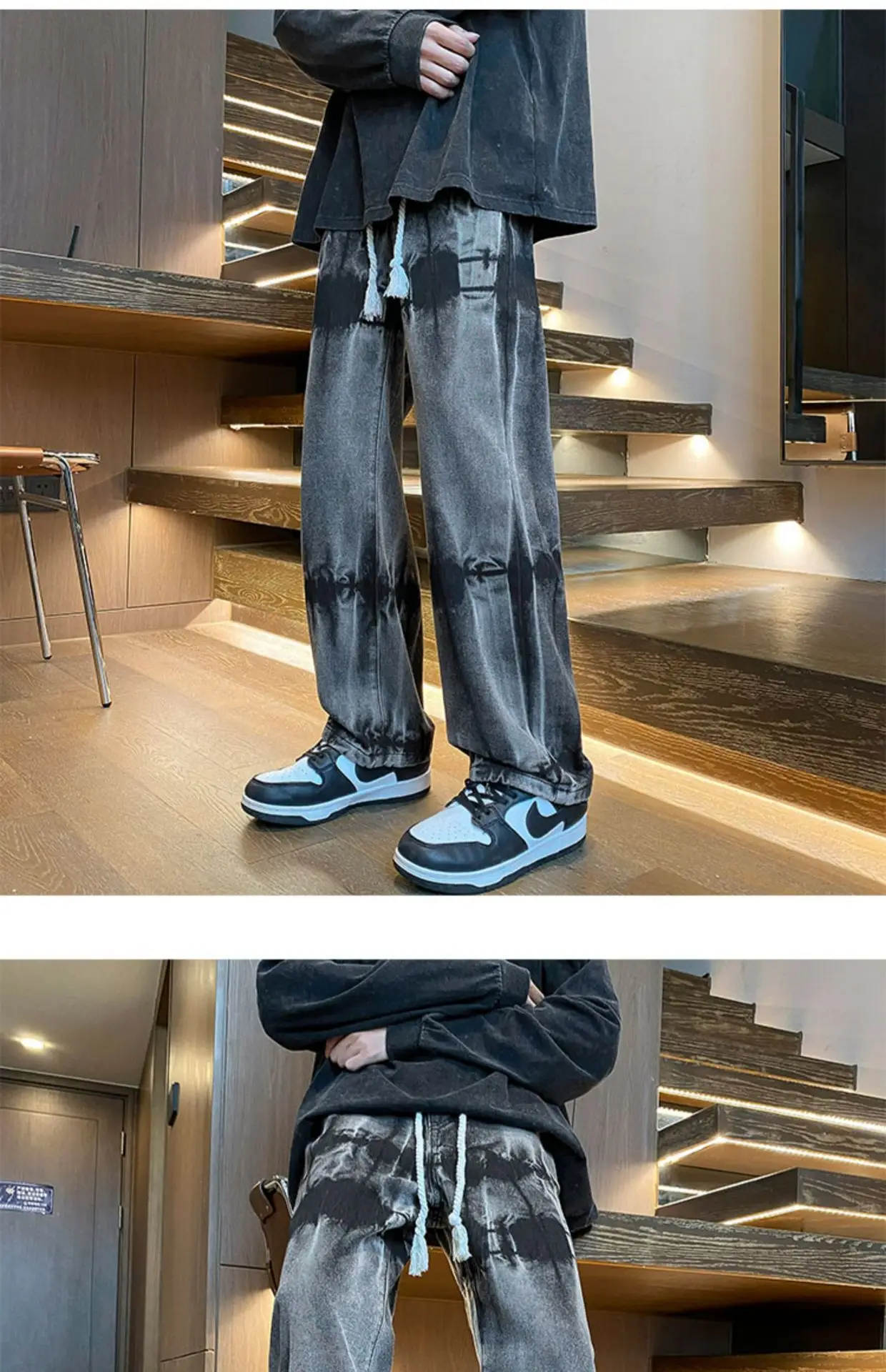 Men Tie-Dye Drawstring Jeans American High Street Vibe Pants — feature 2