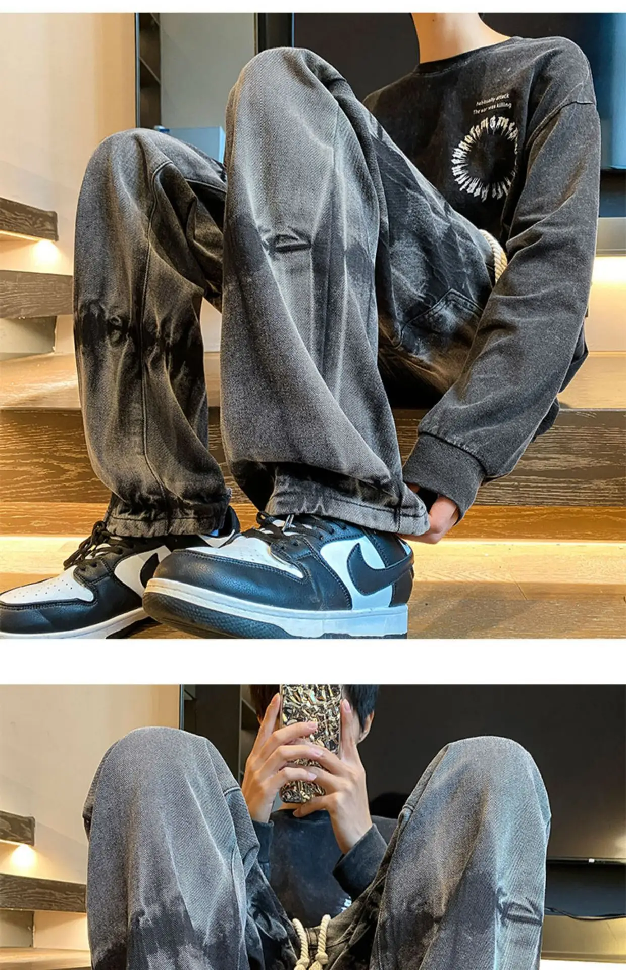 Men Tie-Dye Drawstring Jeans American High Street Vibe Pants — feature 6