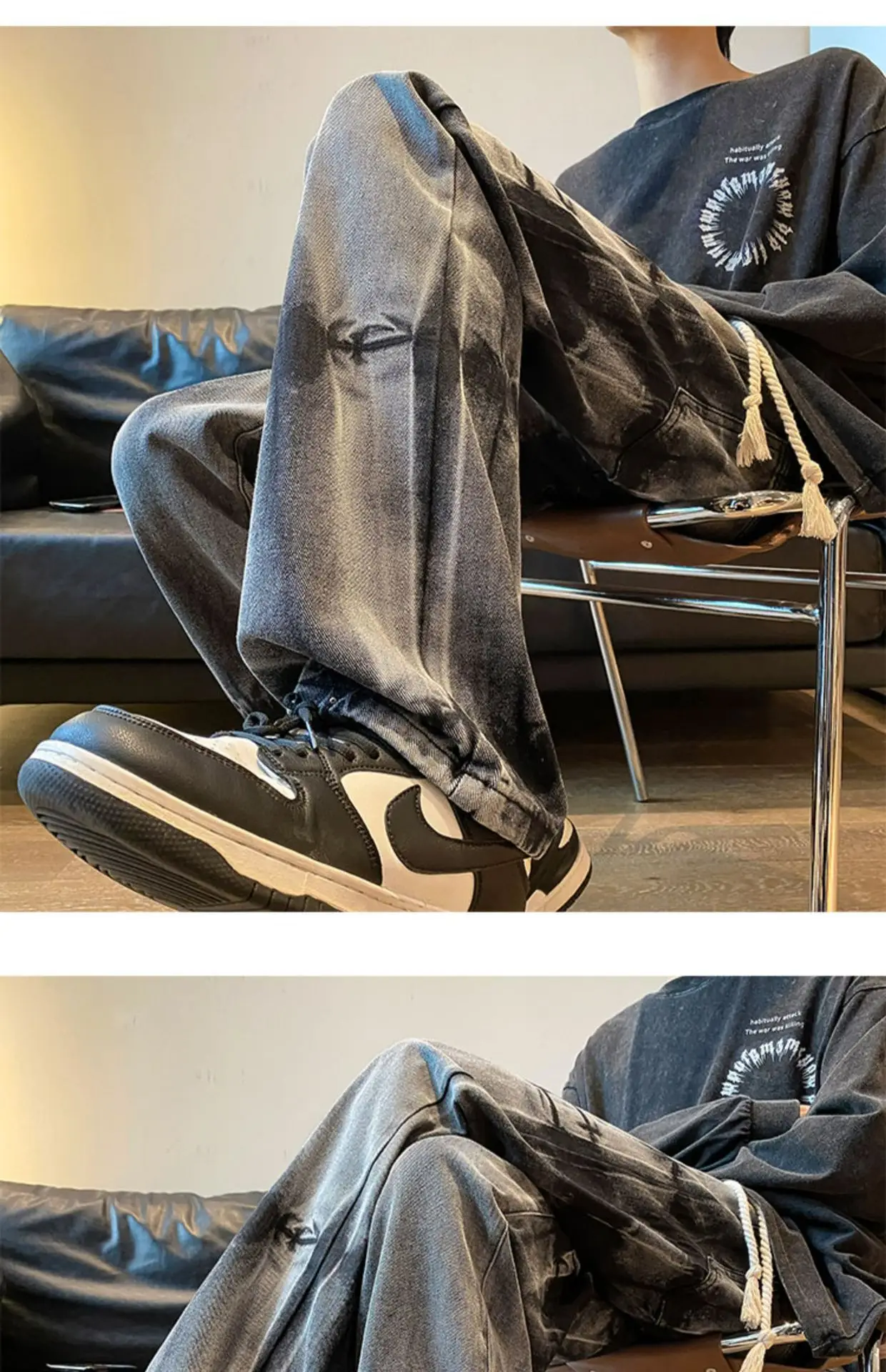 Men Tie-Dye Drawstring Jeans American High Street Vibe Pants — feature 8