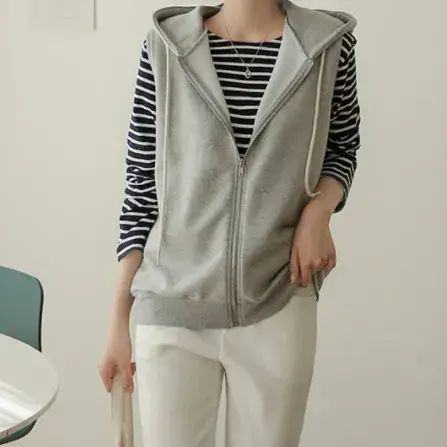 Women's Grey Sleeveless Hooded Vest 2023 Korean Style Slimming Waistcoat Vest - Image 6