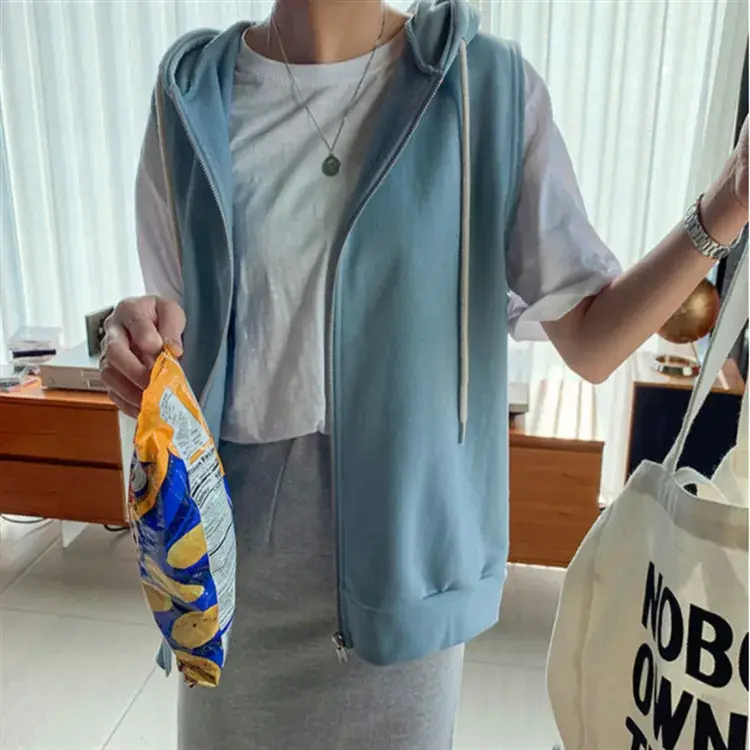 Women's Grey Sleeveless Hooded Vest 2023 Korean Style Slimming Waistcoat Vest - Image 7